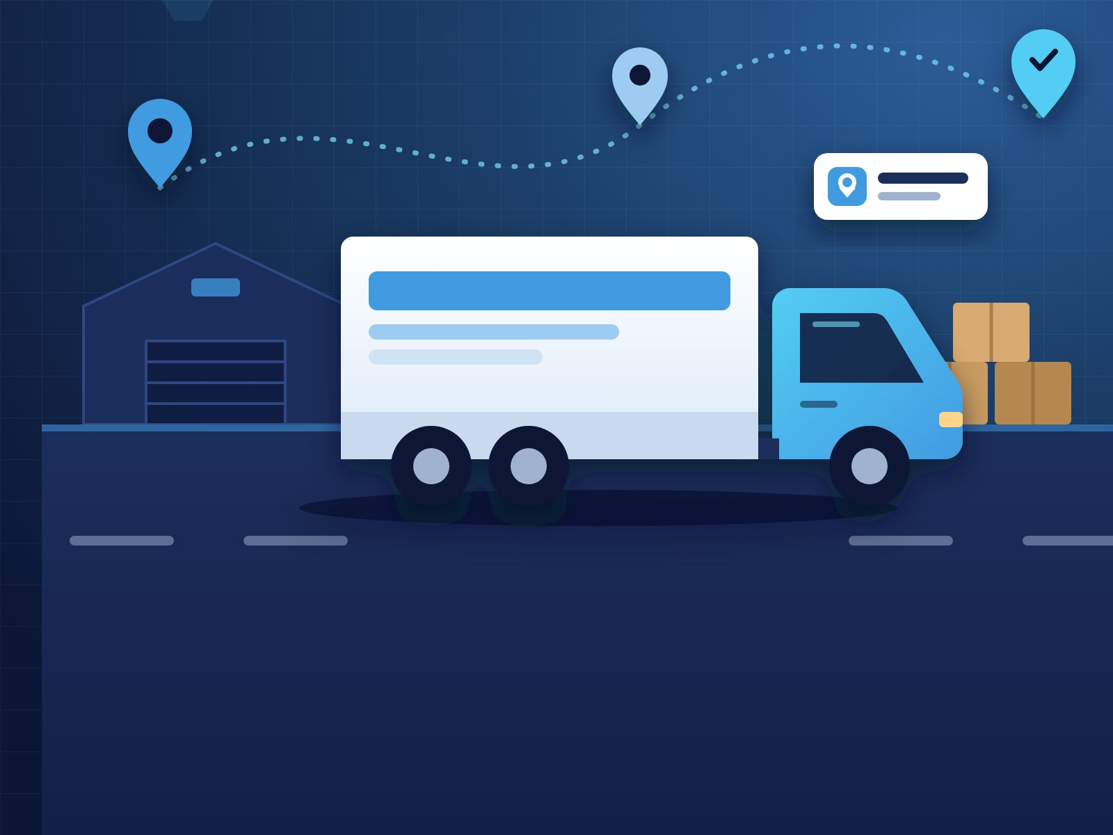 Illustration of a delivery truck on a tracked route between warehouse and customer