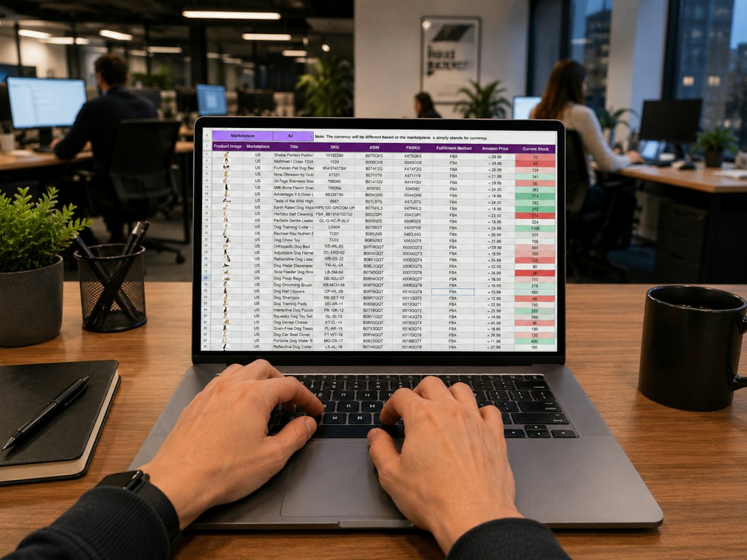 Hands typing on a laptop with a business data sheet